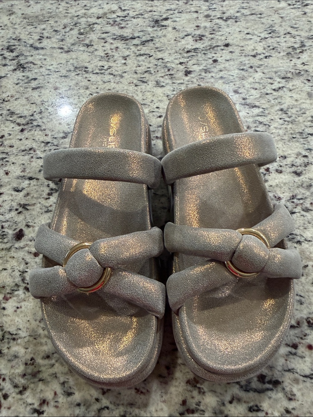 J Slides Metallic Taupe Slide Sandals with Gold Ring Accent